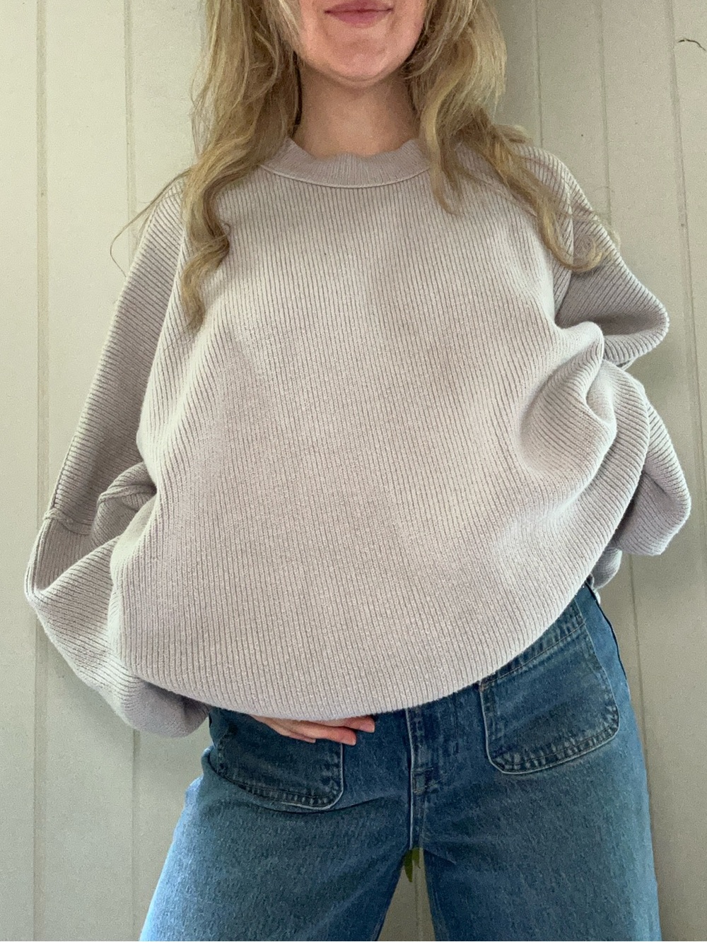 Free People Oversized Crewneck Knit Sweater - Light Gray - Picture 3 of 5